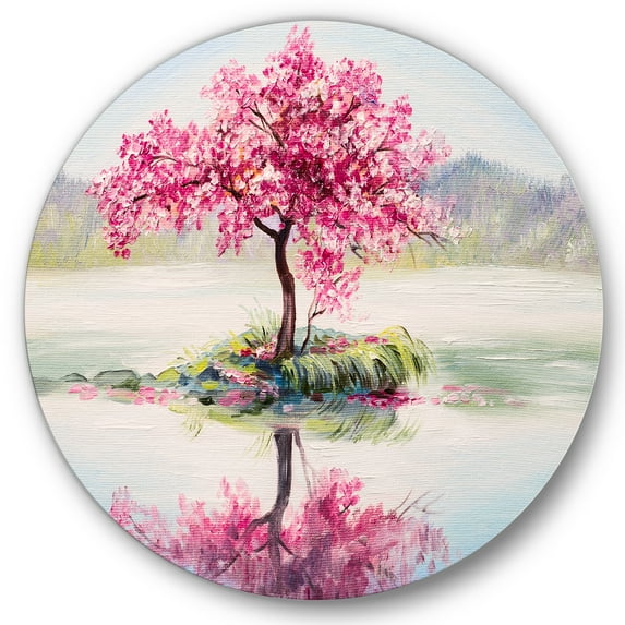 Designart 'Oriental Cherry Pink Tree Sakura On The Lake' Lake House Circle Metal Wall Art 11x11 - Disc of 11