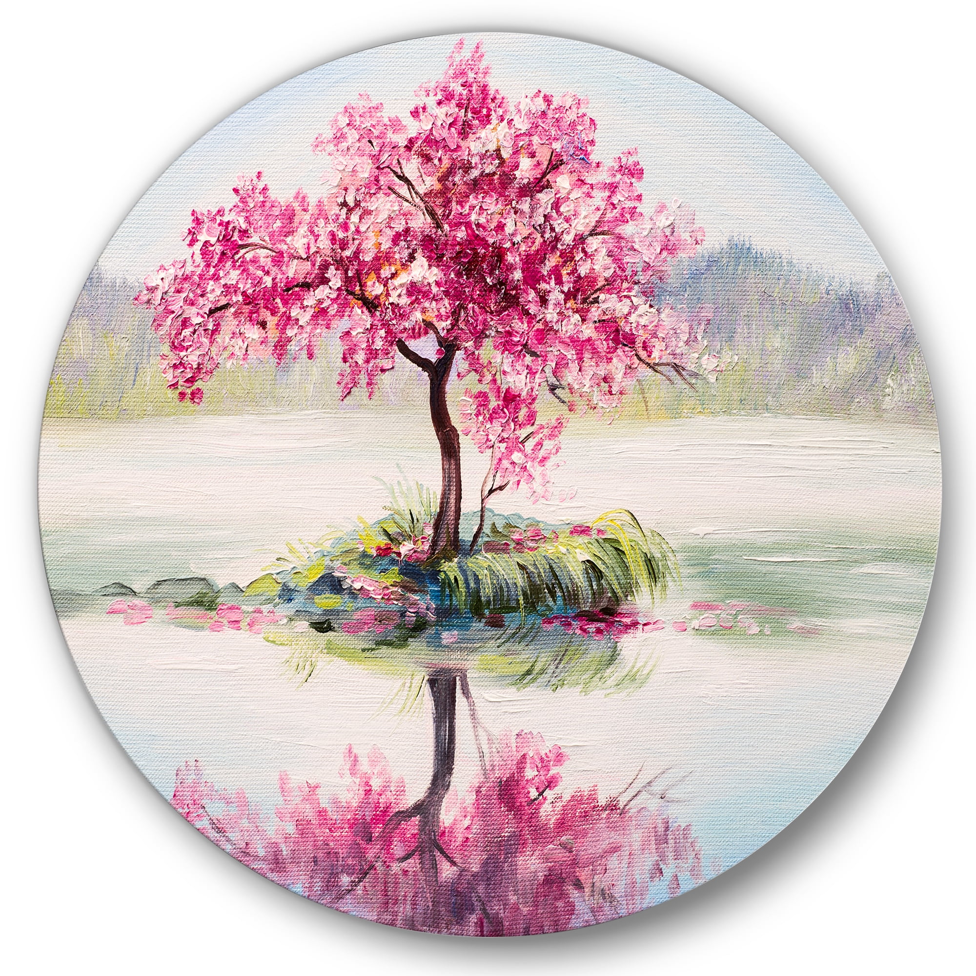 Designart 'Oriental Cherry Pink Tree Sakura On The Lake' Lake House Circle Metal Wall Art 29x29 - Disc of 29
