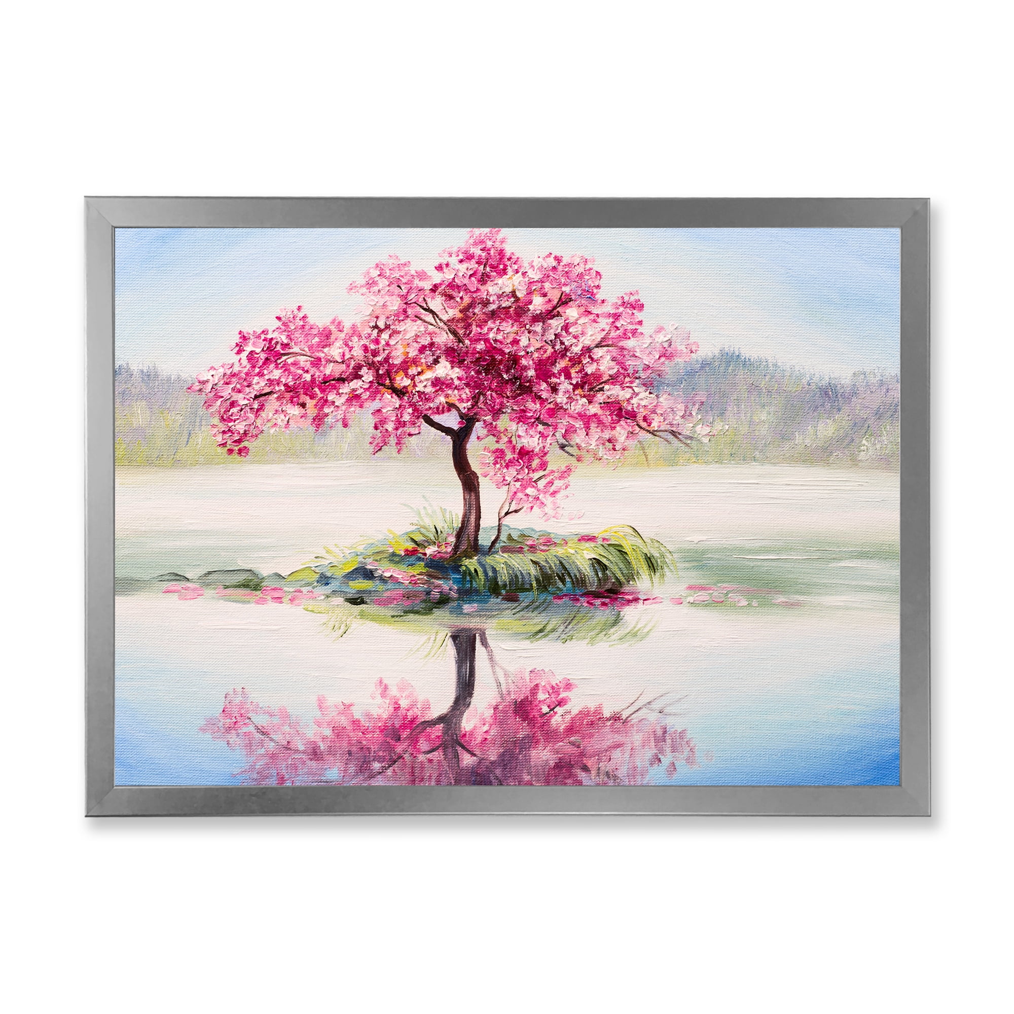 Designart 'Oriental Cherry Pink Tree Sakura On The Lake' Lake House Framed Art Print