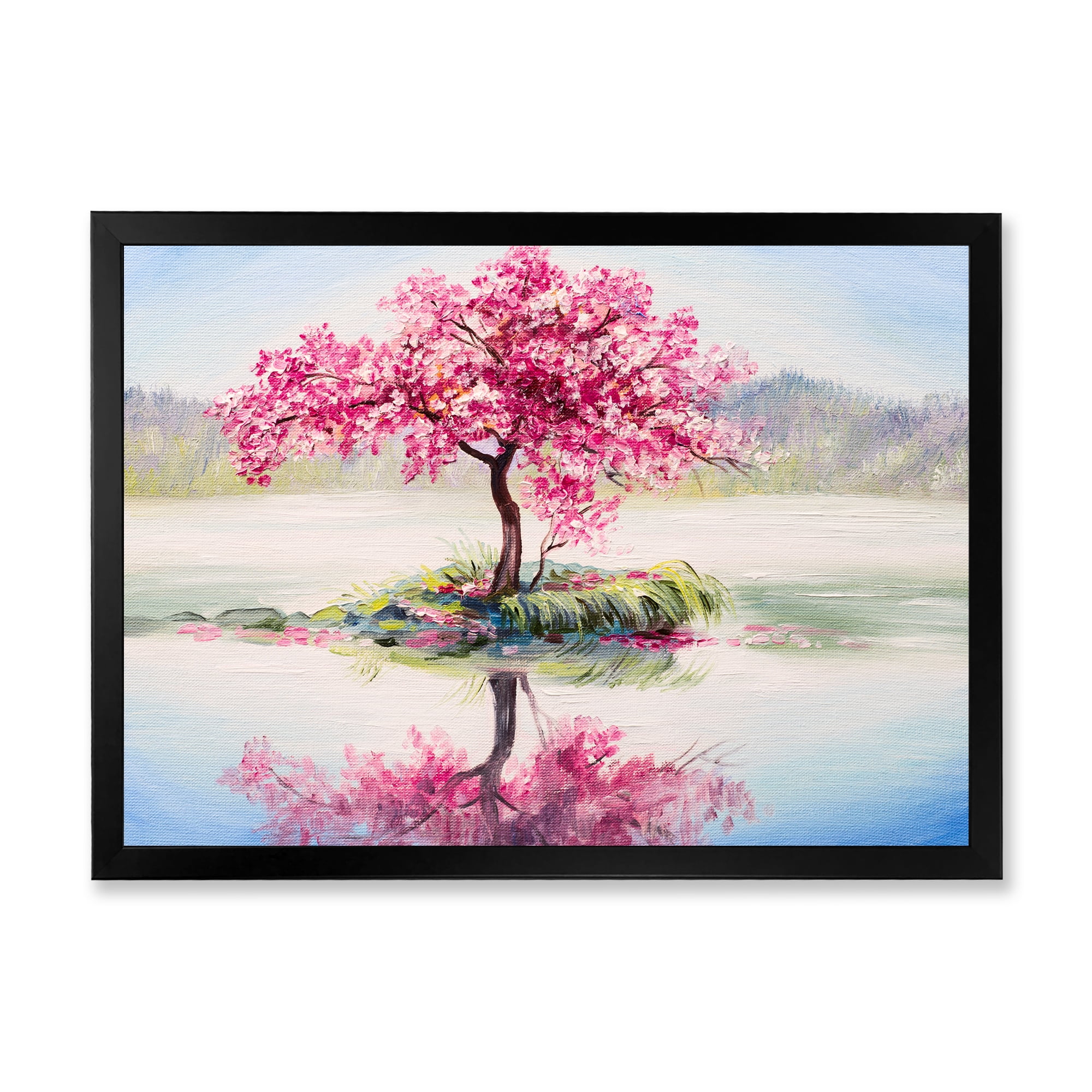 Designart 'Oriental Cherry Pink Tree Sakura On The Lake' Lake House Framed Art Print