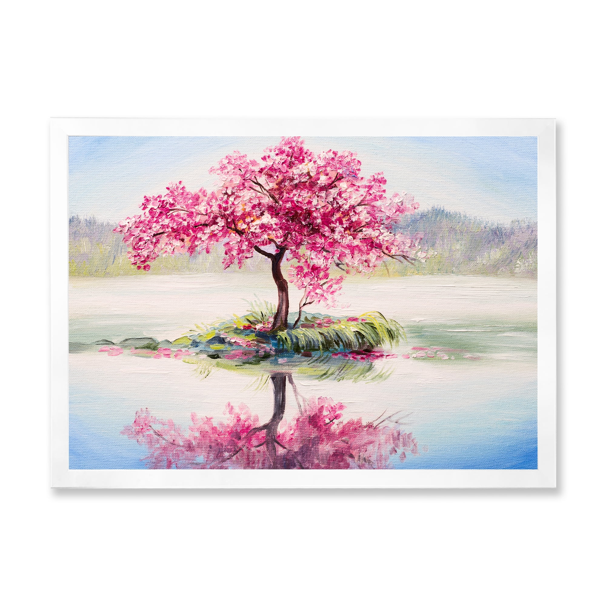 Designart 'Oriental Cherry Pink Tree Sakura On The Lake' Lake House Framed Art Print