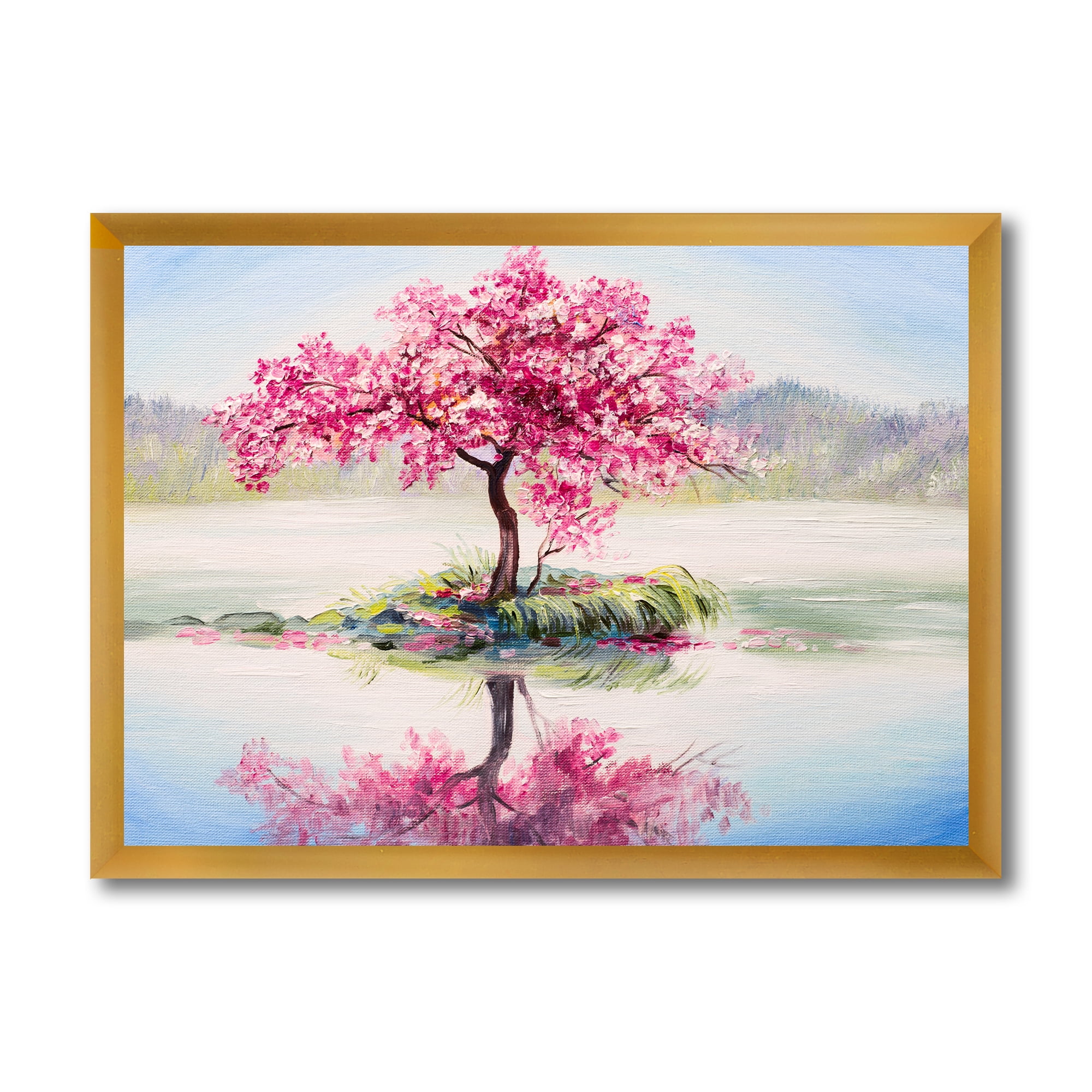 Designart 'Oriental Cherry Pink Tree Sakura On The Lake' Lake House Framed Art Print