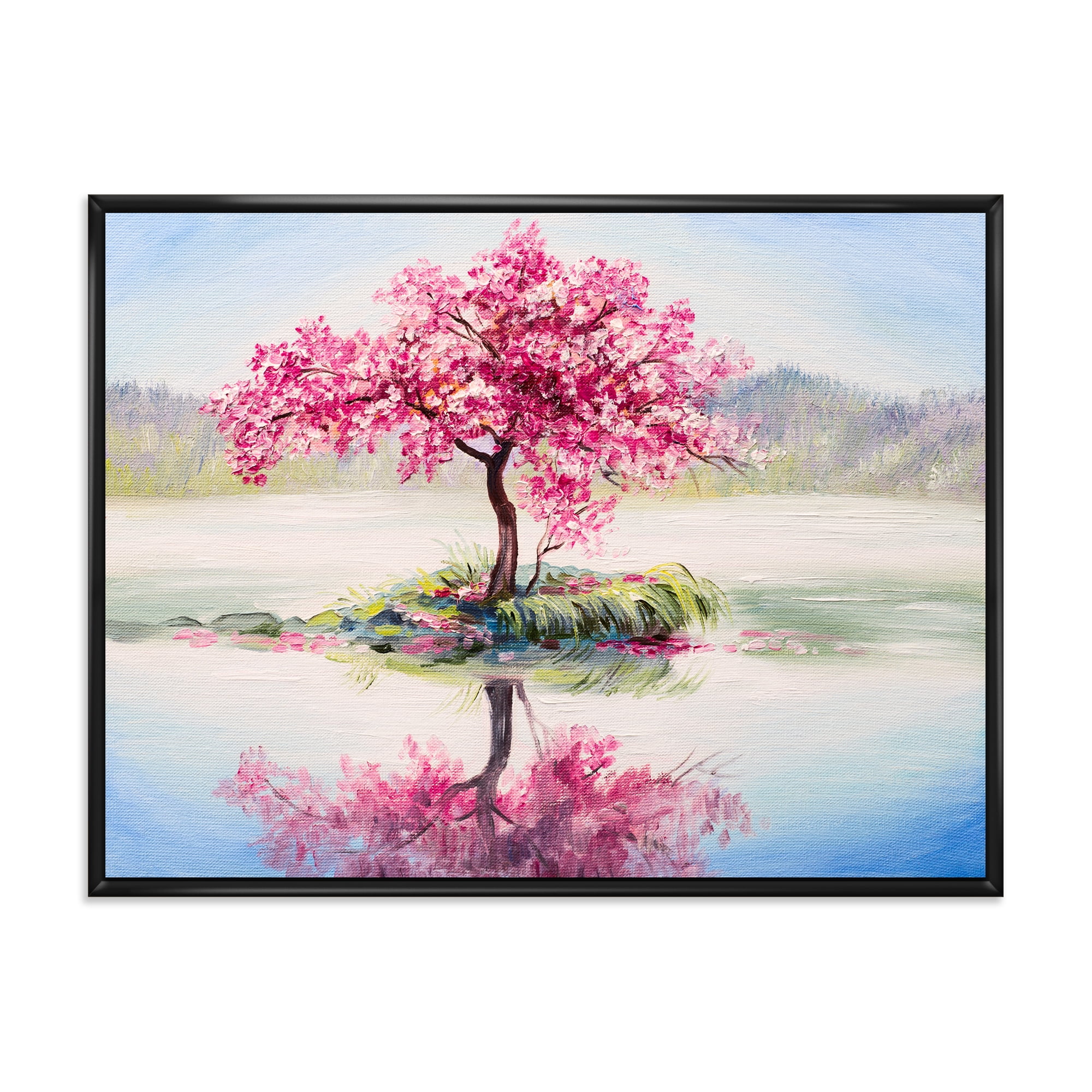 Designart 'Oriental Cherry Pink Tree Sakura On The Lake' Lake House Framed Canvas Wall Art Print