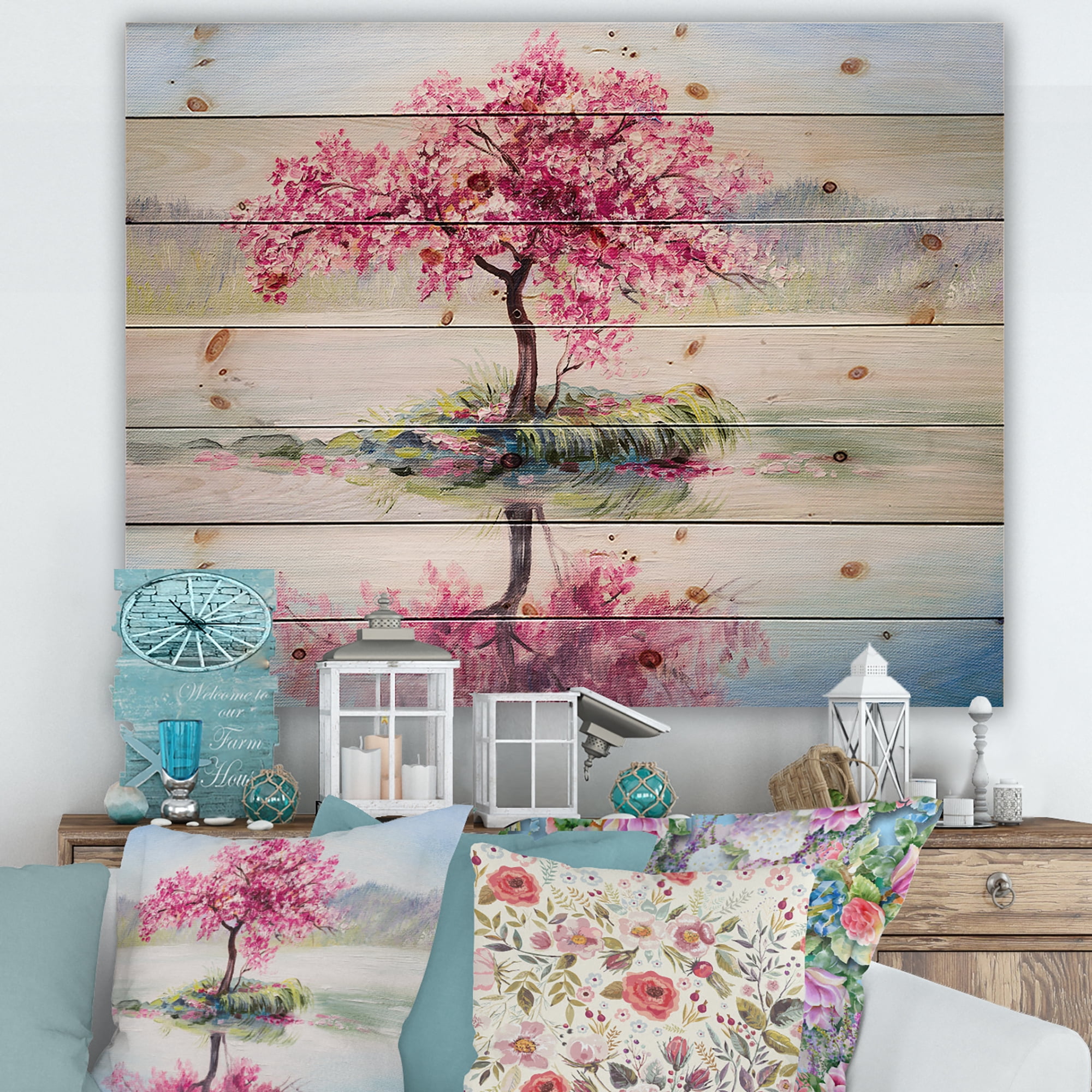 Designart 'Oriental Cherry Pink Tree Sakura On The Lake' Lake House Print on Natural Pine Wood