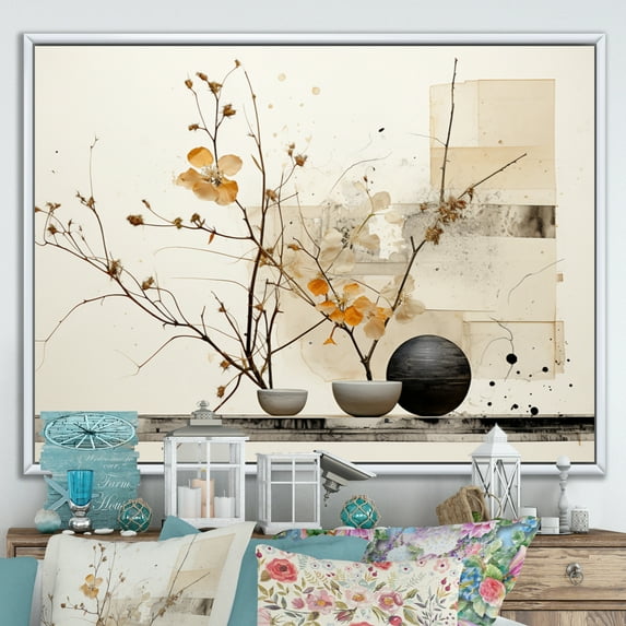 Designart "Oriental Creation Feathered Calm Ink XXXI" Asian Floater Framed Wall Art Living Room