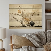 Designart "Oriental Creation Feathered Calm Ink XXXI" Asian Print on Natural Pine Wood