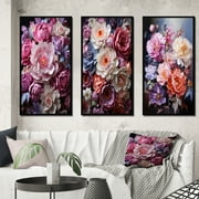 Designart "Oriental Creation Peachy Floral Display" Asian Framed Wall Art Set Of 3 - Coral Asian Art Frame Canvas Set For Living Room Decor