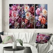Designart "Oriental Creation Peachy Floral Display" Asian Wall Art Set Of 3 - Coral Asian Art Canvas Set For Living Room Decor