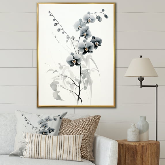 Designart "Oriental Design Elegant Floral Sketch I" Asian Floater Framed Wall Art Living Room