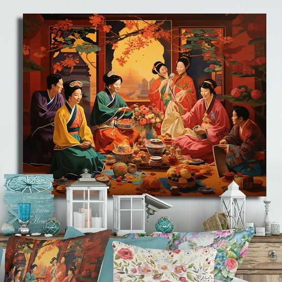 Designart "Oriental Design Festival Merriment" Asian Art Metal Wall Art Prints