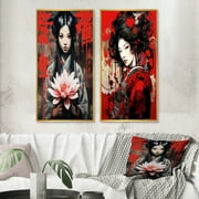 Designart "Oriental Woman with Vintage Charm and Lotus Flower I" Japon Woman Framed Wall Art Set Of 2 - Glam Red Framed Wall Art Set Of 2