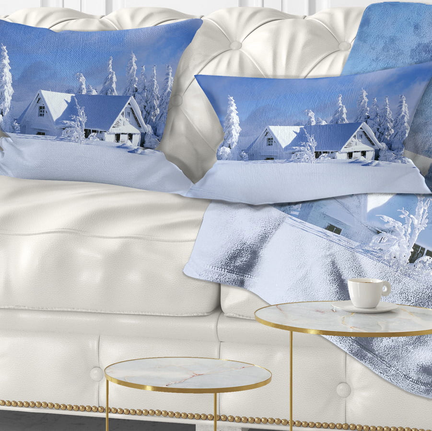 Designart Orlicke Hory Cottage in Winter - Landscape Photography Throw Pillow - 12x20