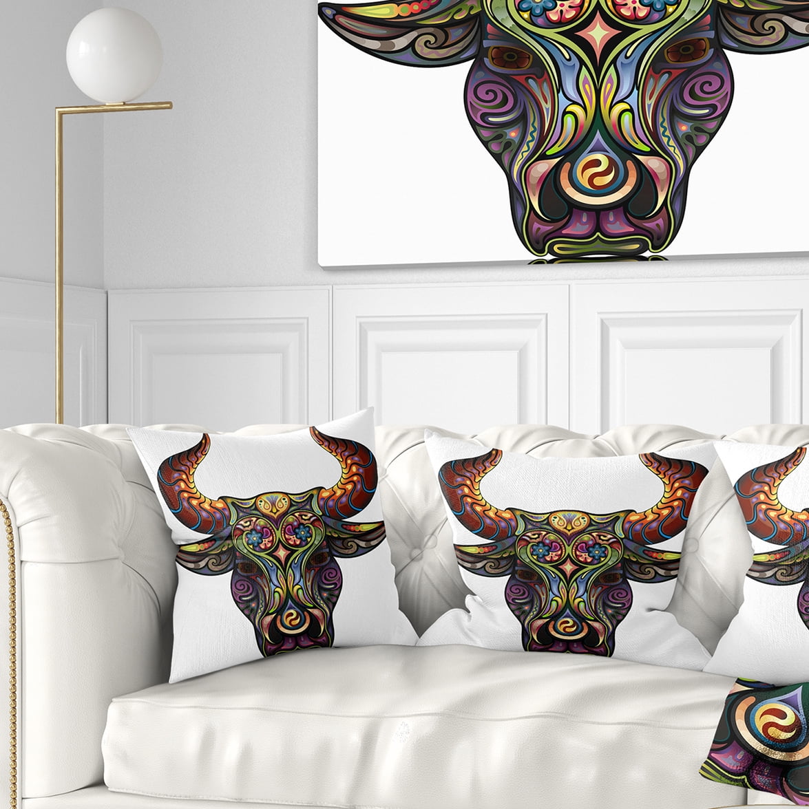 Designart Ornamental Bull - Animal Throw Pillow - 18x18