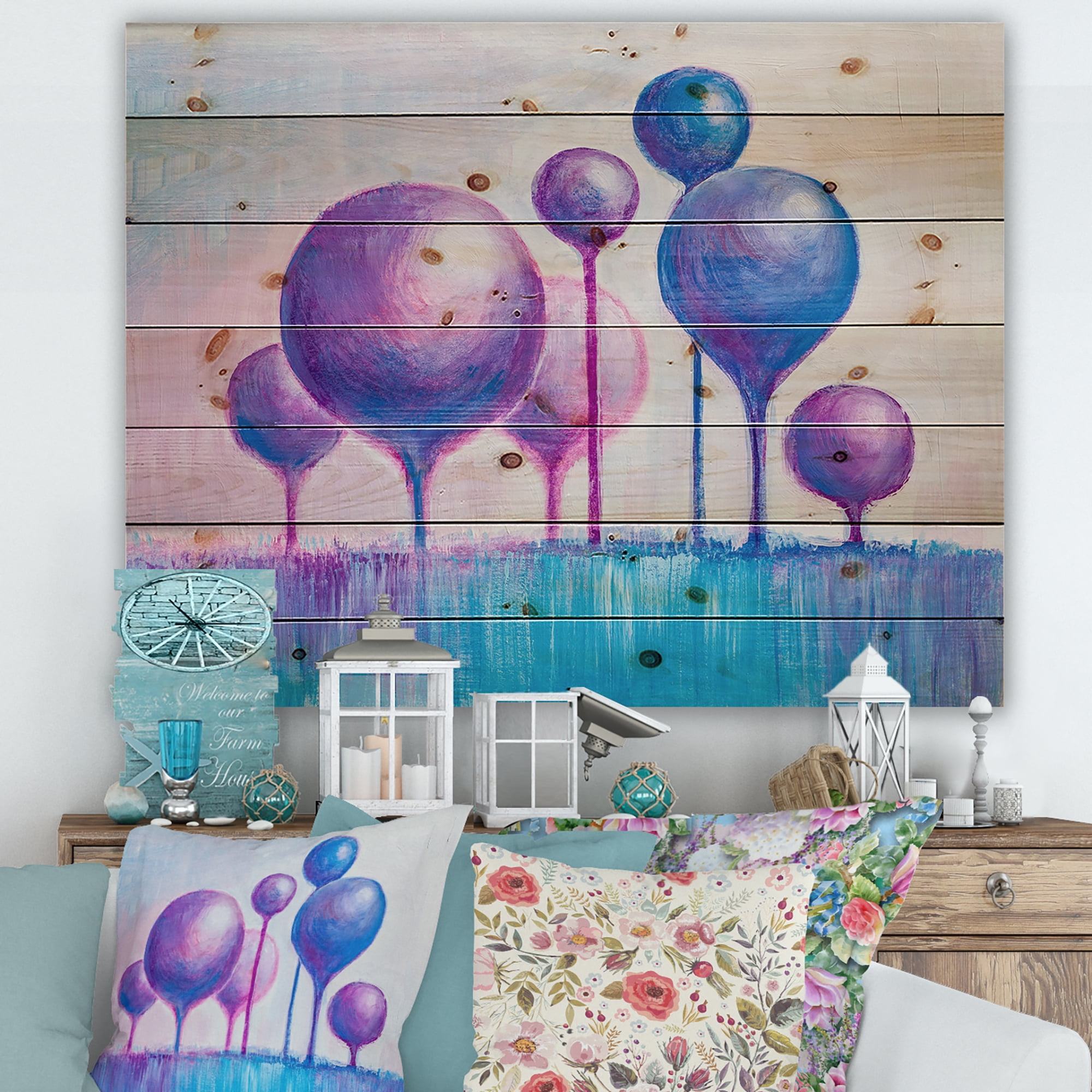 Designart 'Ornamental Colourful Trees I' Modern Print on Natural Pine Wood