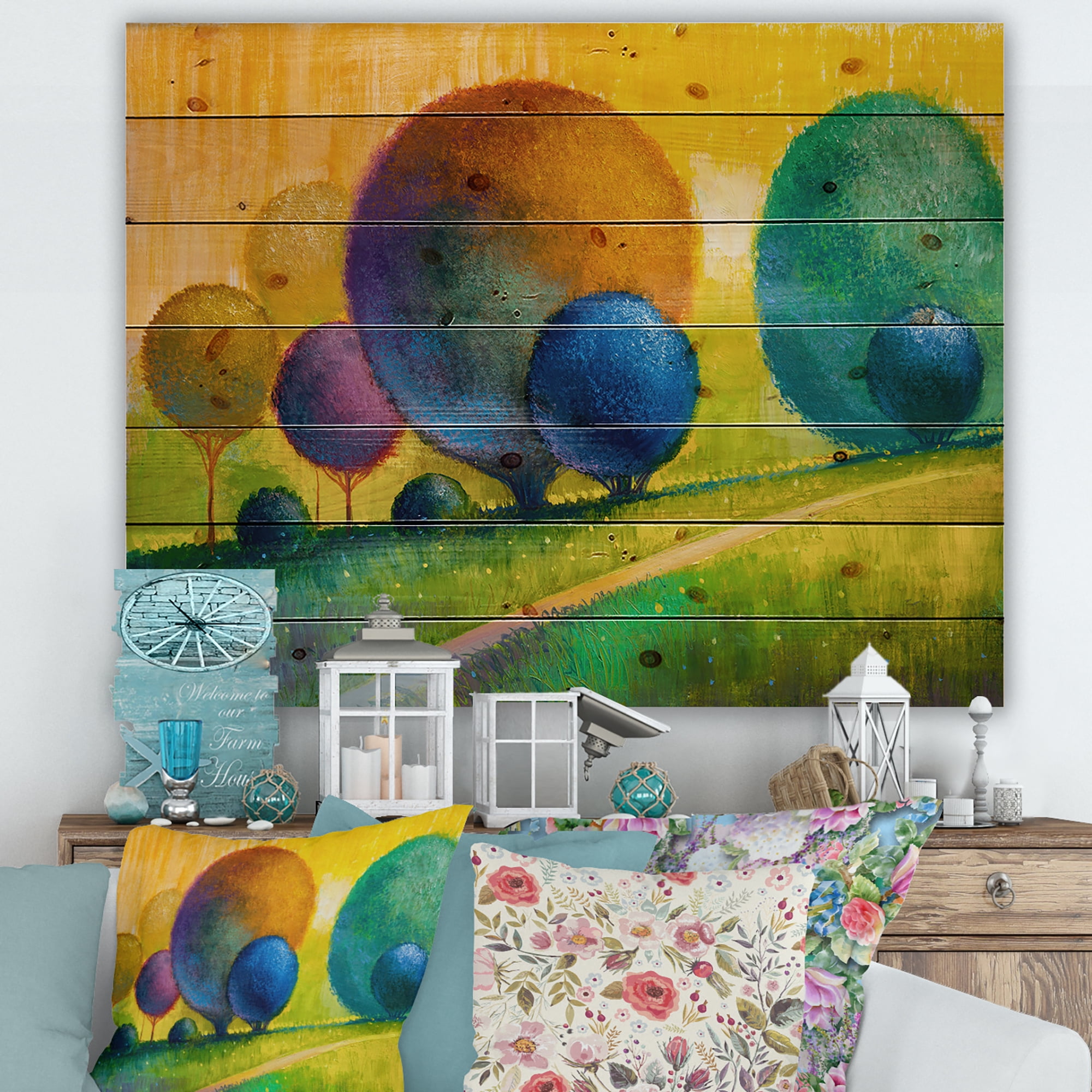 Designart 'Ornamental Colourful Trees III' Modern Print on Natural Pine Wood