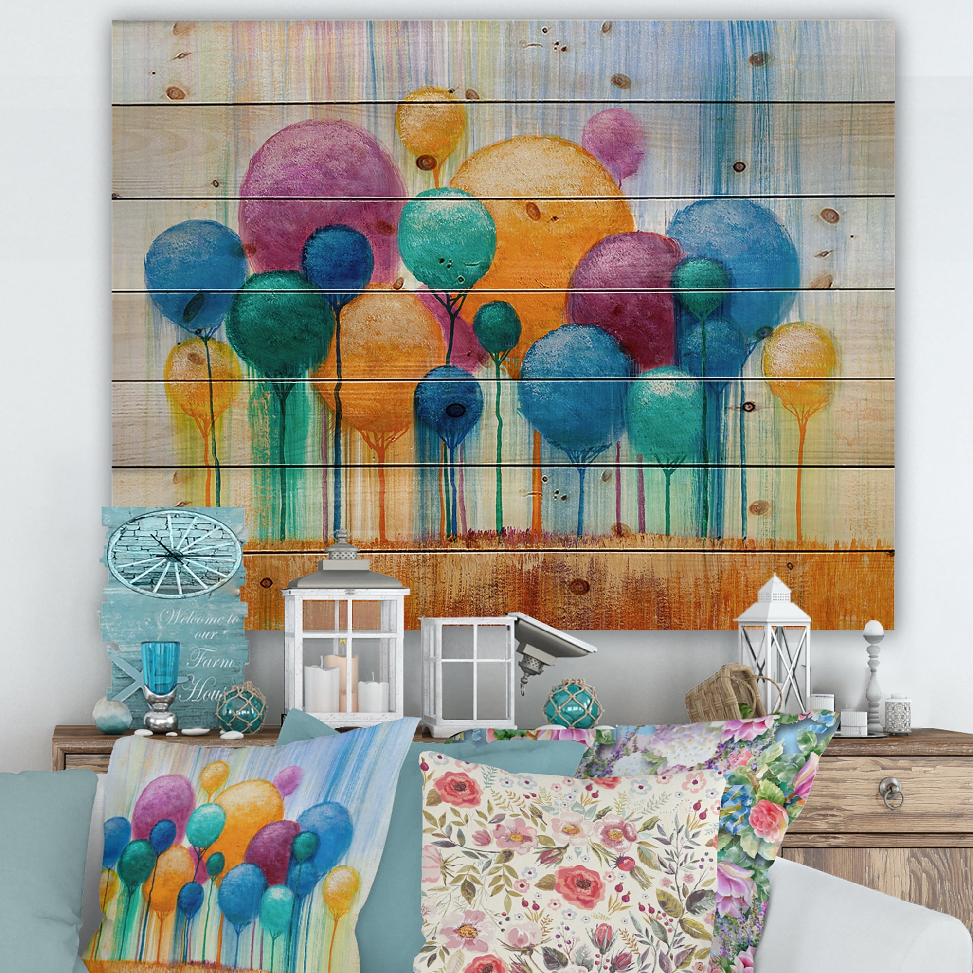 Designart 'Ornamental Colourful Trees IV' Modern Print on Natural Pine Wood
