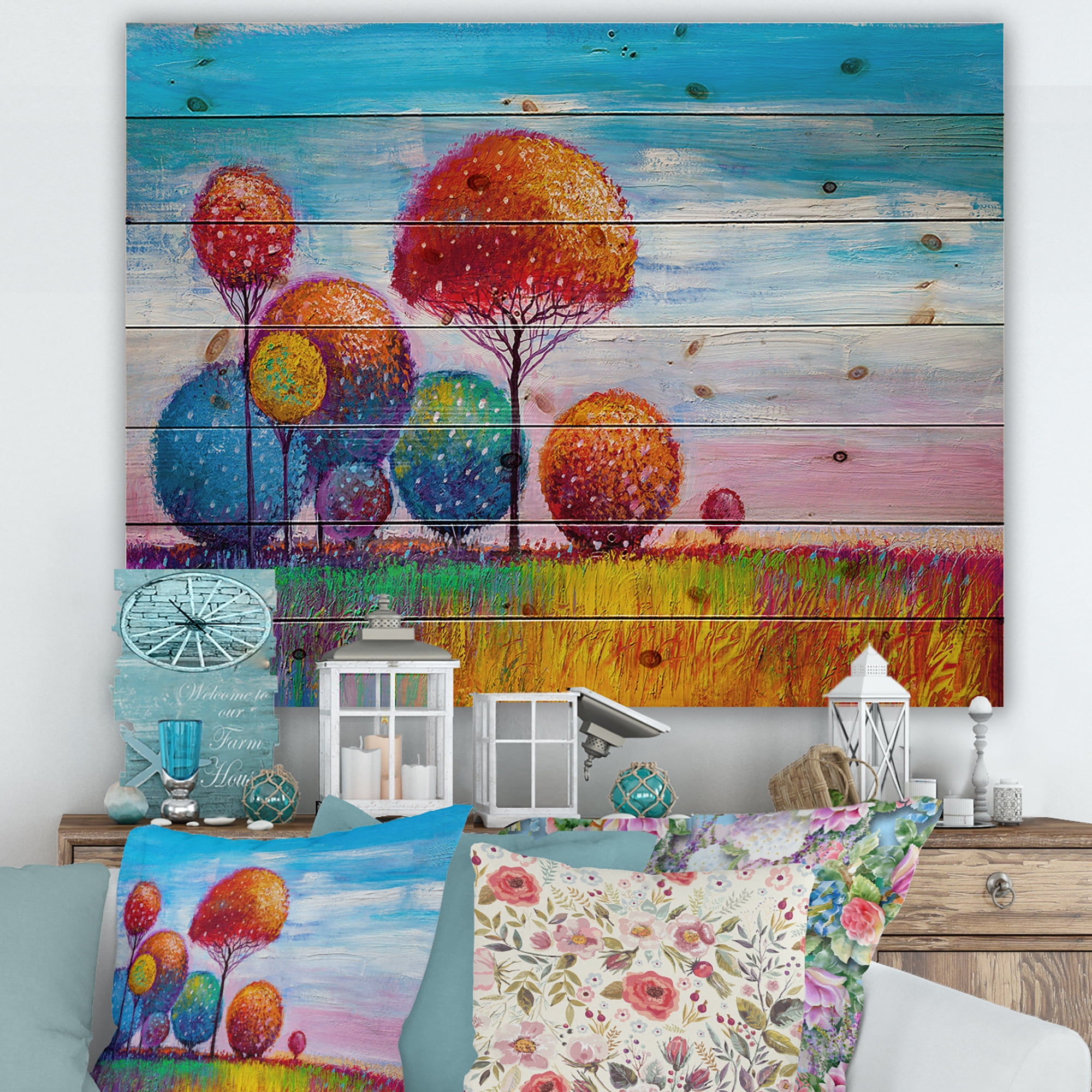 Designart 'Ornamental Colourful Trees IX' Modern Print on Natural Pine Wood