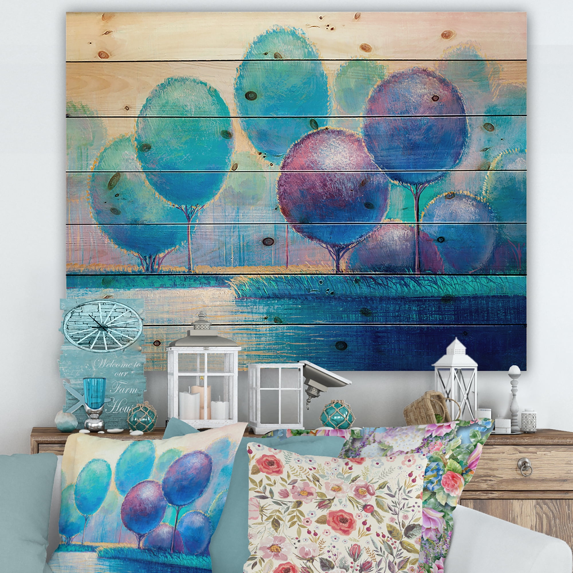Designart 'Ornamental Colourful Trees V' Modern Print on Natural Pine Wood