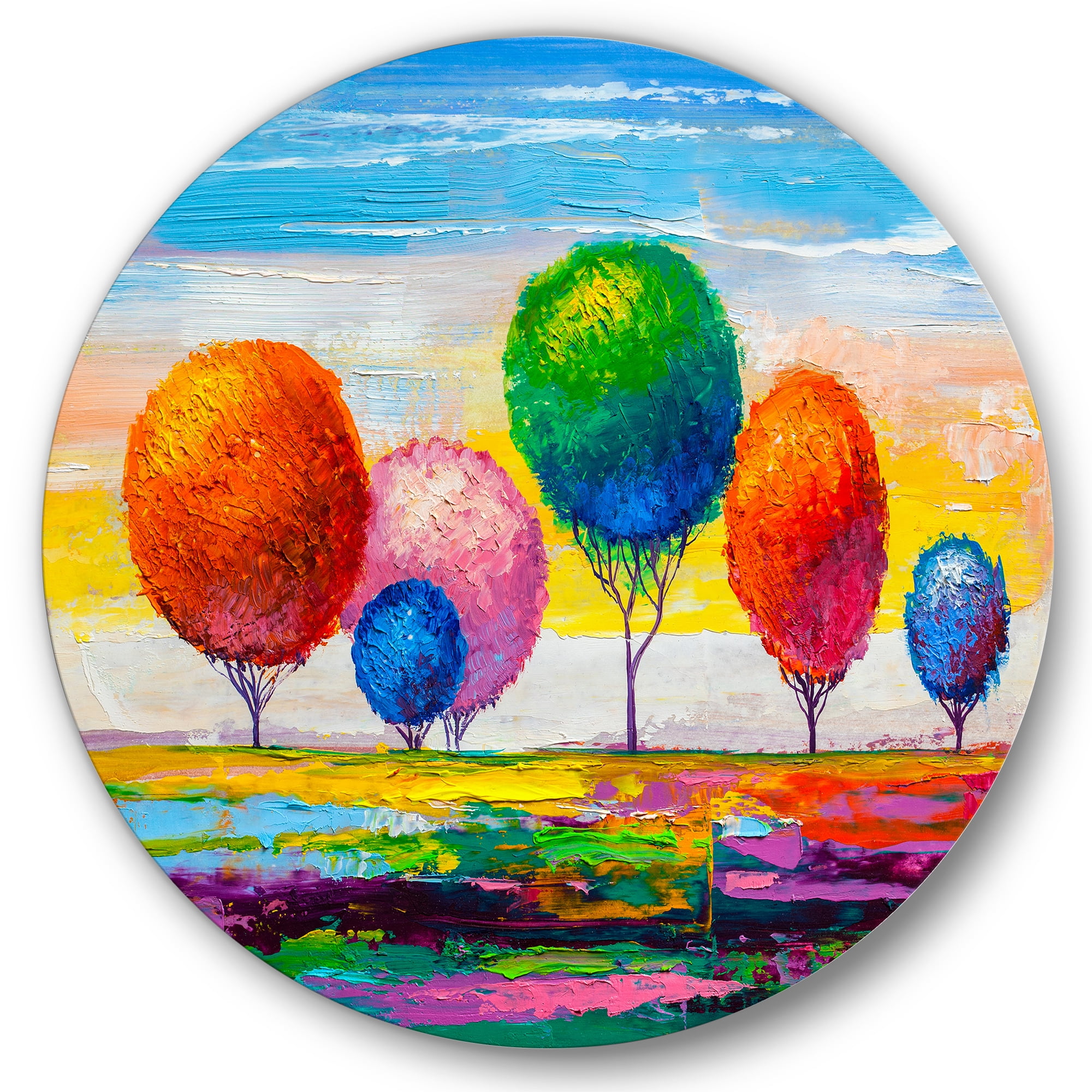 Designart 'Ornamental Colourful Trees VI' Modern Circle Metal Wall Art 36x36 - Disc of 36