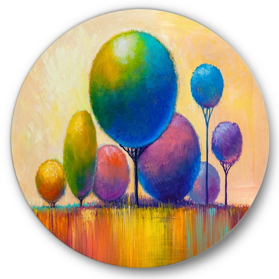 Designart 'Ornamental Colourful Trees VIII' Modern Circle Metal Wall Art 23x23 - Disc of 23