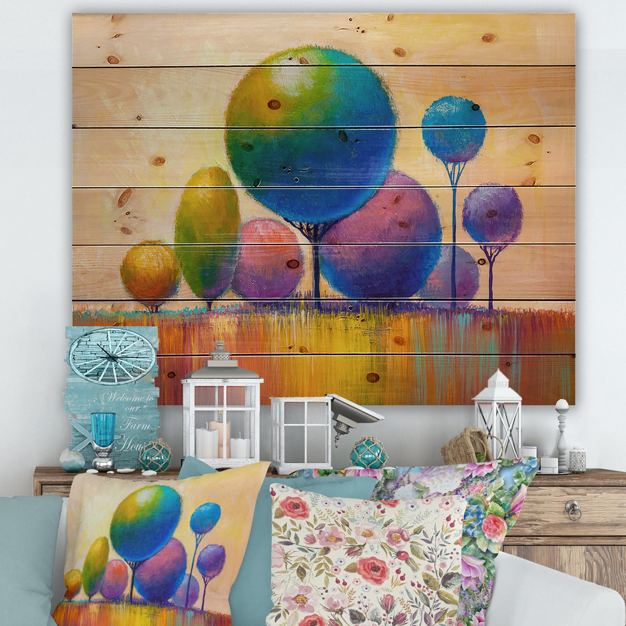 Designart 'Ornamental Colourful Trees VIII' Modern Print on Natural Pine Wood