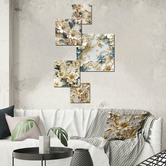 Designart "Ornamental Corners Of Yesteryear I" Damask Wall Art Set Of 5 - Gold Bohemian Hallway Metal Art Print Set