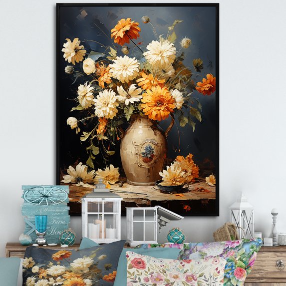 Designart "Ornate Vase Filled With Yellow Zinnias" Zinnias Floater Framed Wall Art Prints