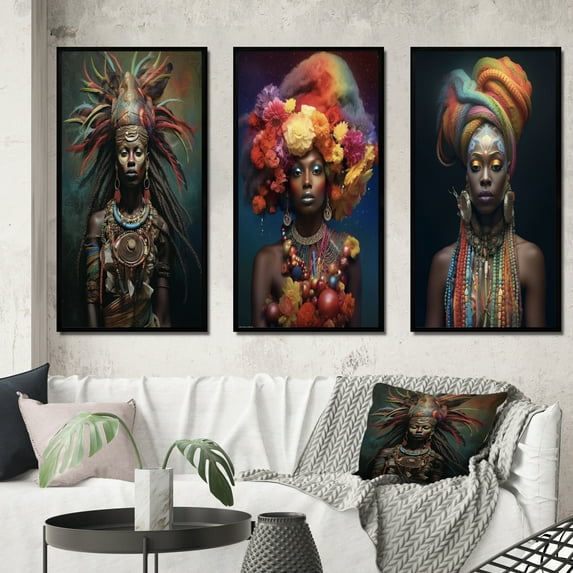 Designart "Osunmare Rainbow Orisha Goddess II" African American Woman Framed Wall Art Set Of 3 - Multicolor Woman African American Frame Gallery Set For Office Decor