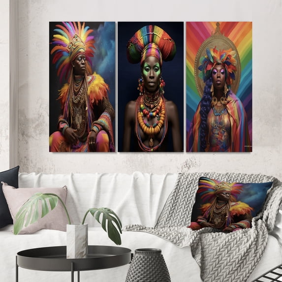 Designart "Osunmare Rainbow Orisha Goddess V" African American Woman Wall Art Set Of 3 - Woman African American Multicolor Gallery Wall Set For Home Decor