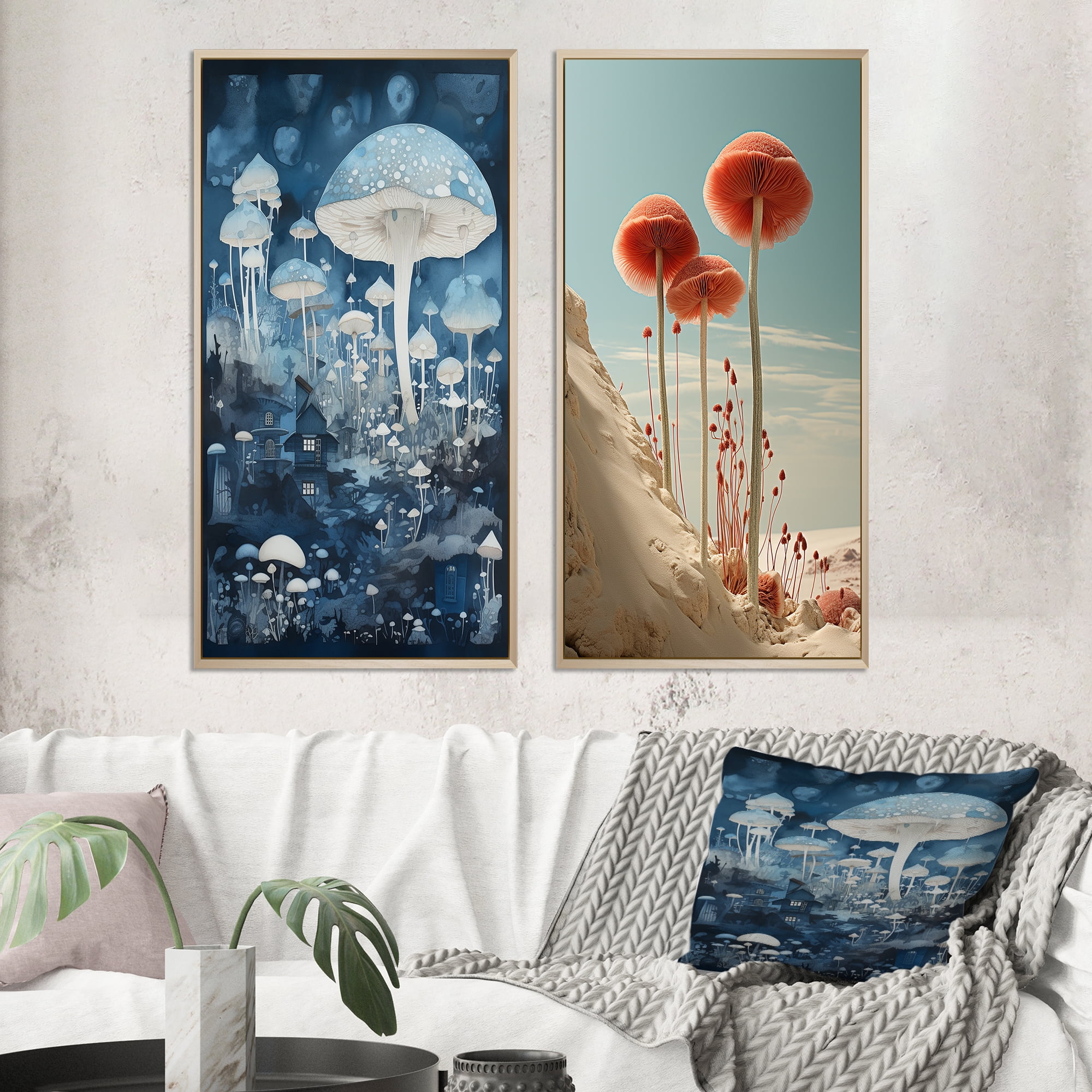 Designart "Otherworldly Giant White Mushrooms in Vintage Blue" Mushroom