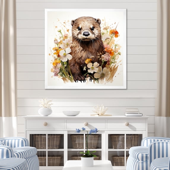 Designart "Otter in Blooming Meadow II" Animals Framed Wall Art Decor - Modern Brown Otter Living Room Framed Canvas Art