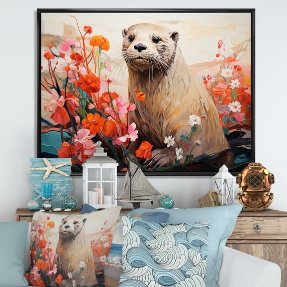 Designart "Otter in Floral Blooms II" Animals Framed Wall Art - Modern Red Otter Living Room Framed Canvas Art