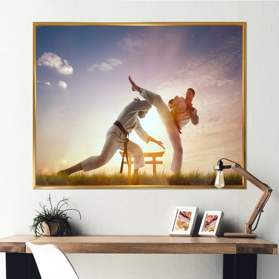 Designart "Outdoor Karate Martial Arts Fighters" Martial Arts Floater Framed Wall Art Living Room
