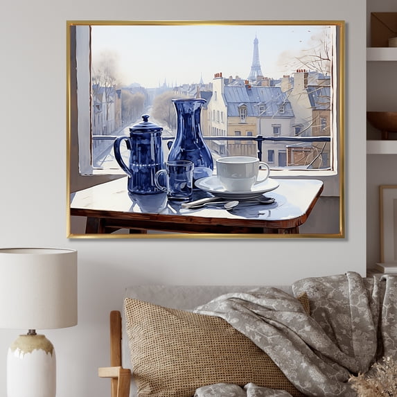 Designart "Outlook of Urban Parisian Charm in Grey" Cityscapes Framed Wall Art - Industrial Blue Paris Entryway Framed Wall Art