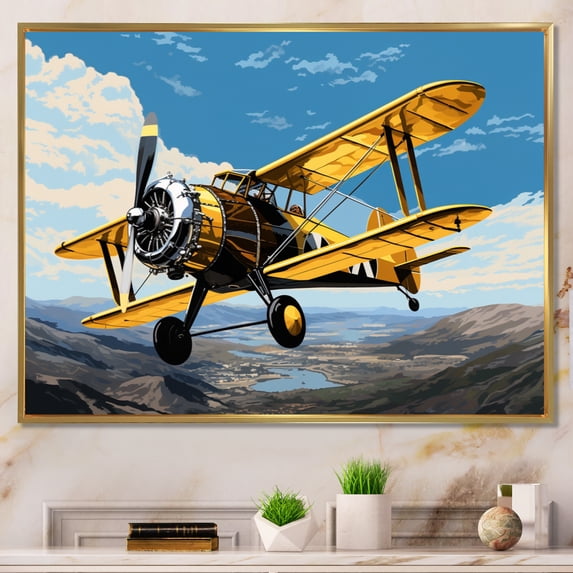 Designart "Over The Lake Yellow Airoplane" Transportation Floater Framed Canvas Wall Art