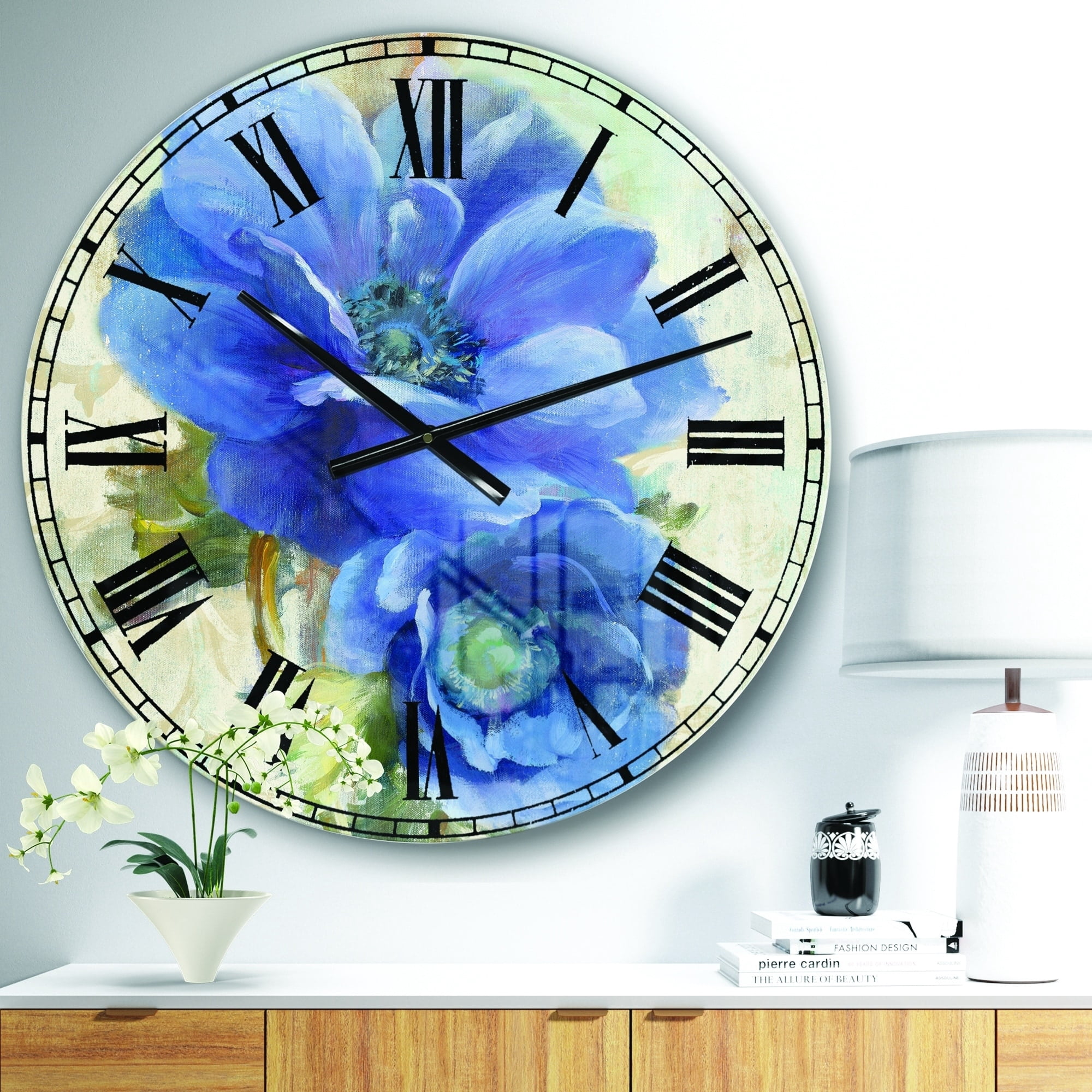 Designart Oversized Blue Analog Round Farmhouse Modern Wall Clocks, CLM30640-C23