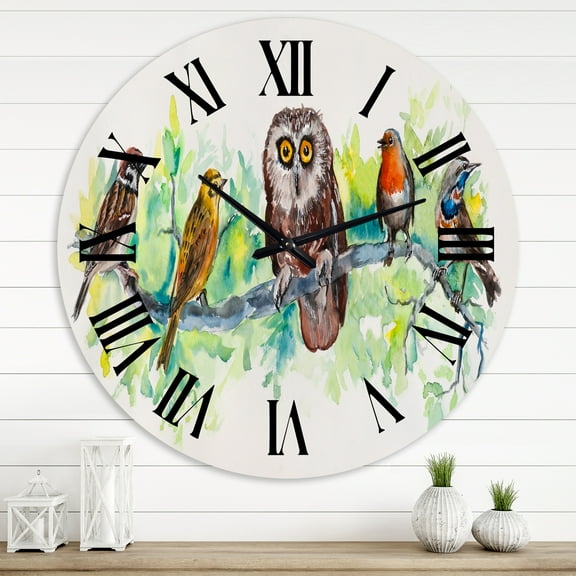 Designart 'Owl On A Branch With Bird Friends' Traditional Wall Clock