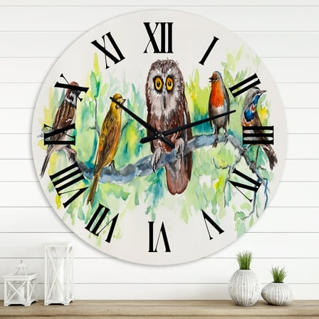 Designart 'Owl On A Branch With Bird Friends' Traditional Wall Clock