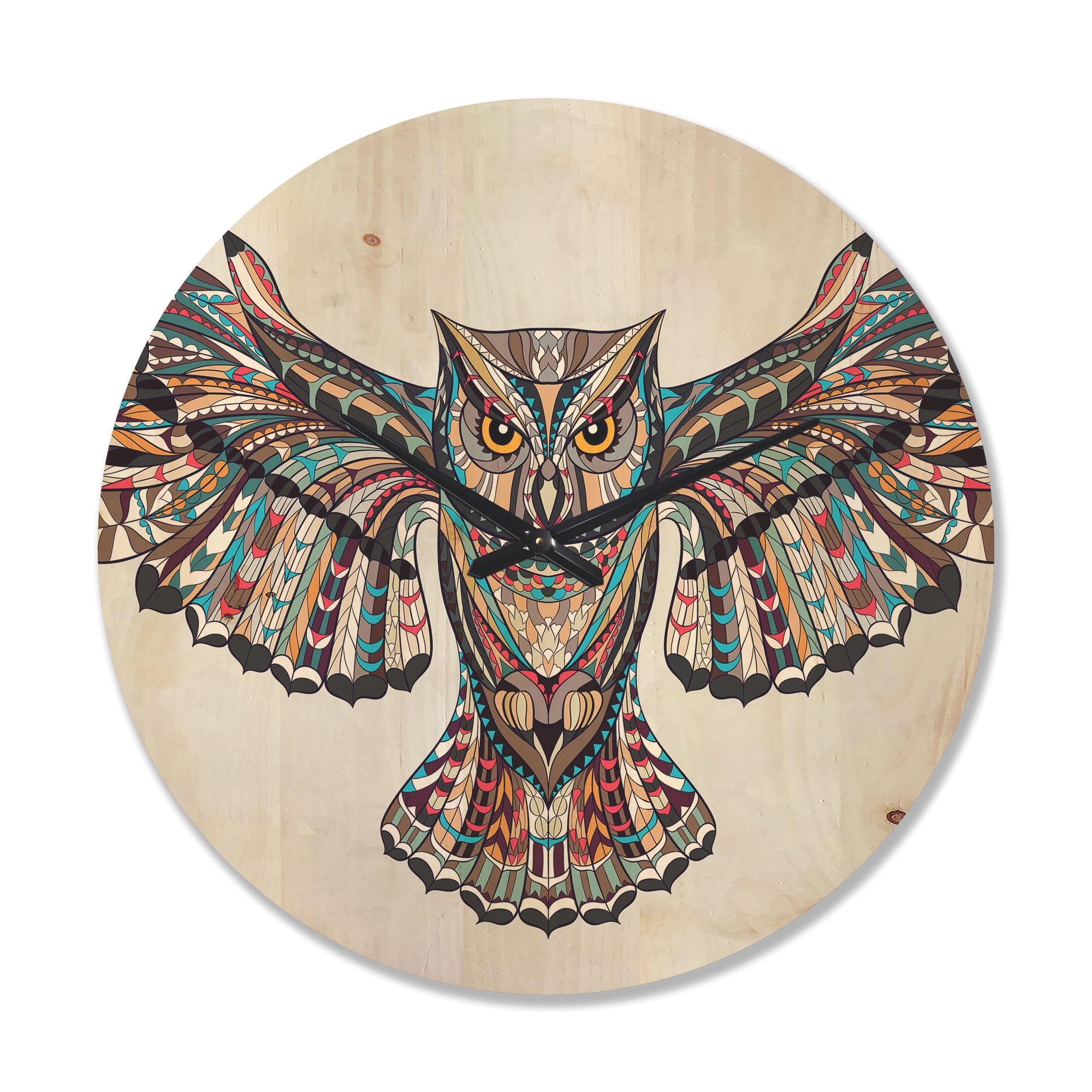 Designart 'Owl on the Grudge Pattern' Modern Wood Wall Clock