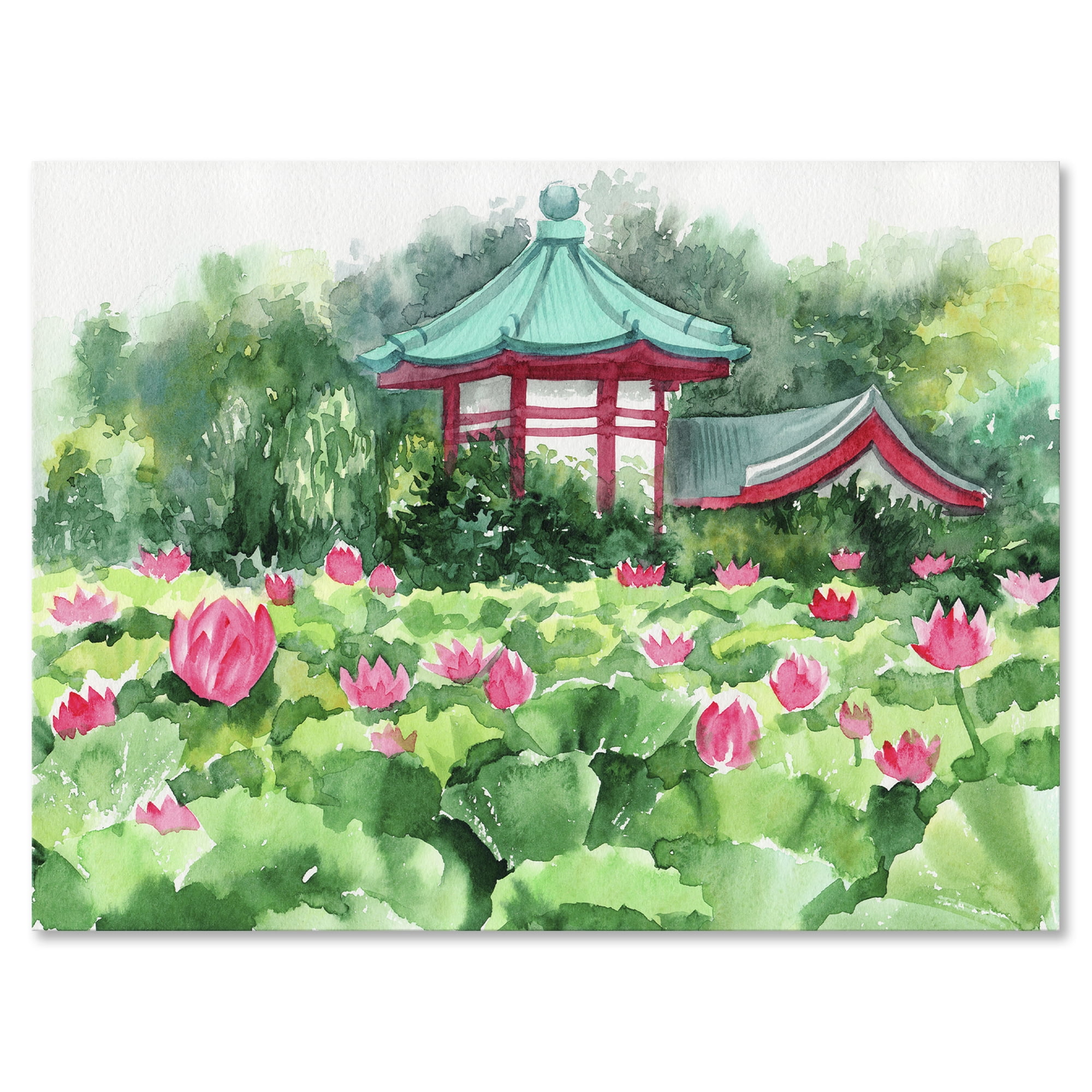 Designart ' Pagoda and Lotus Lake ' Traditional Canvas Wall Art Print