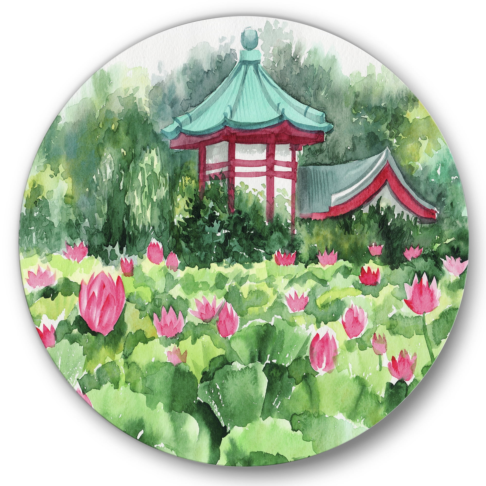 Designart 'Pagoda and Lotus Lake' Traditional Circle Metal Wall Art 36x36 - Disc of 36