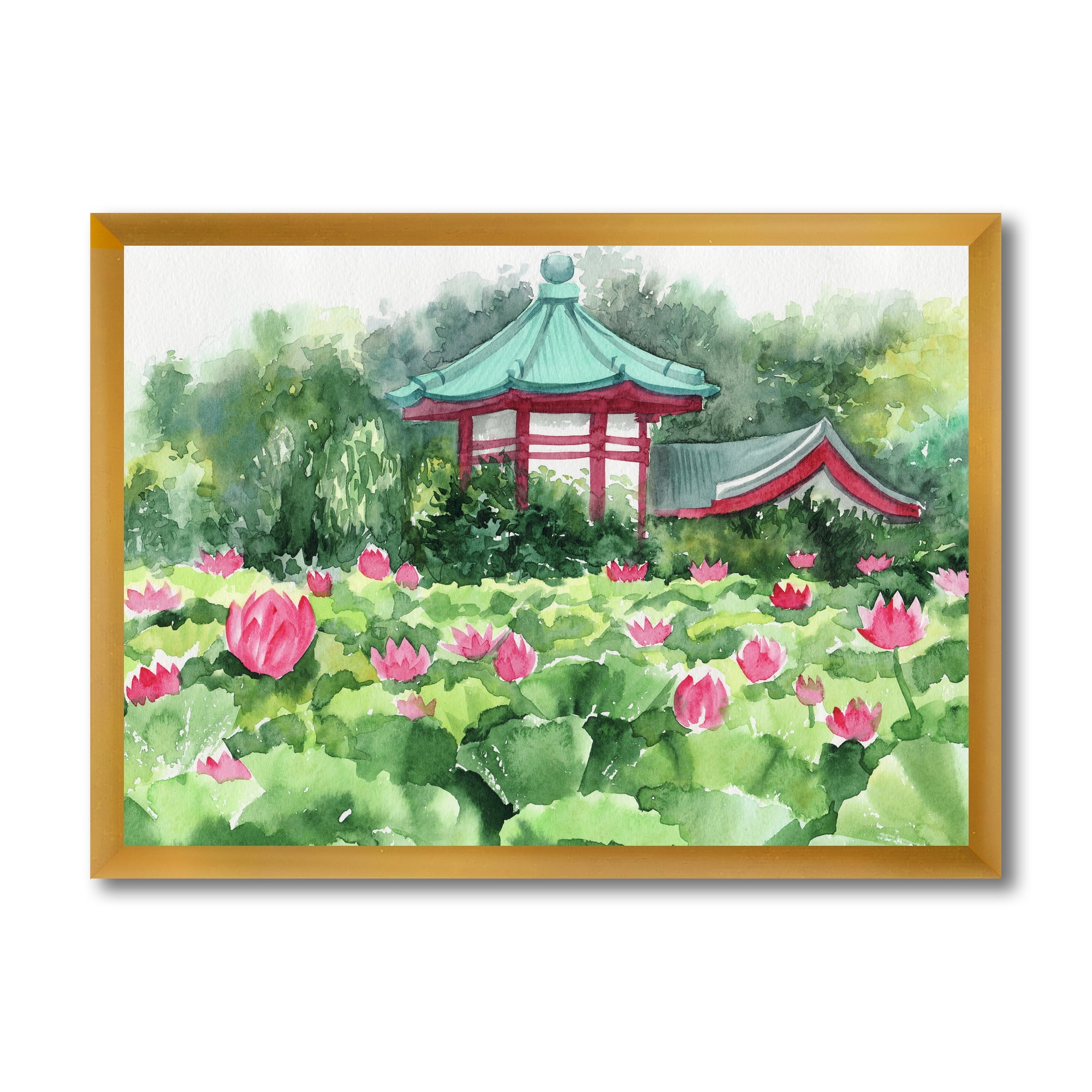 Designart 'Pagoda and Lotus Lake' Traditional Framed Art Print