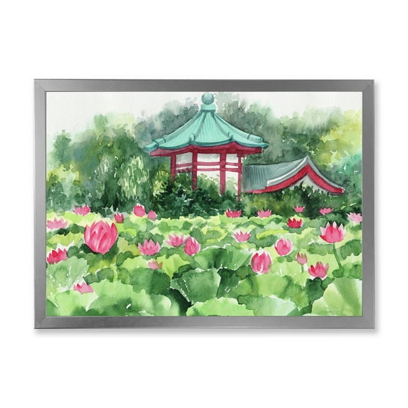 Designart 'Pagoda and Lotus Lake' Traditional Framed Art Print
