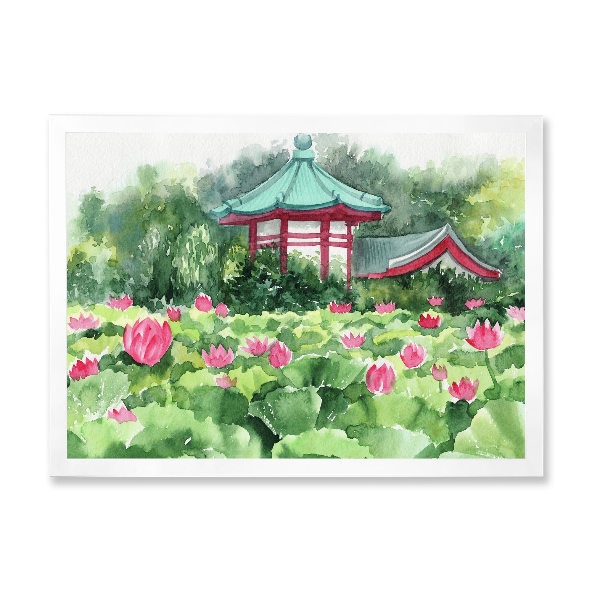 Designart 'Pagoda and Lotus Lake' Traditional Framed Art Print