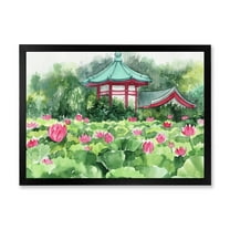 Designart 'Pagoda and Lotus Lake' Traditional Framed Art Print