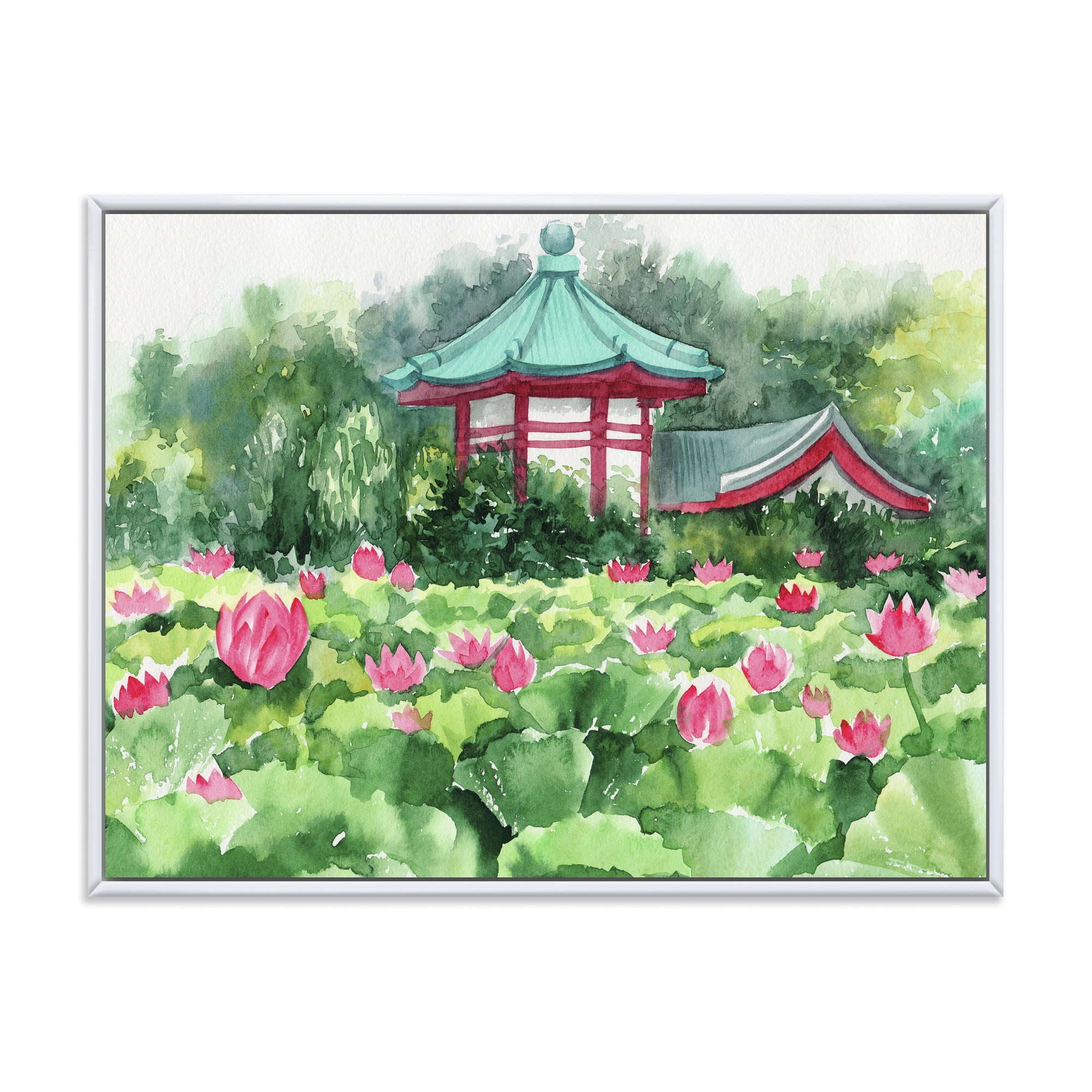 Designart 'Pagoda and Lotus Lake' Traditional Framed Canvas Wall Art Print