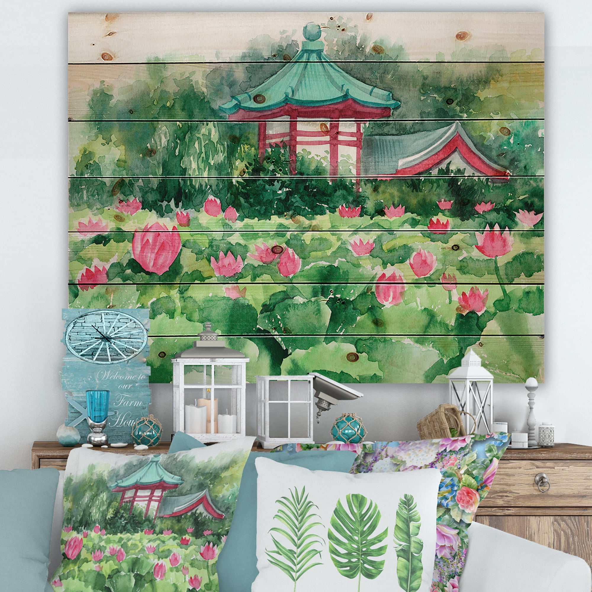 Designart 'Pagoda and Lotus Lake' Traditional Print on Natural Pine Wood
