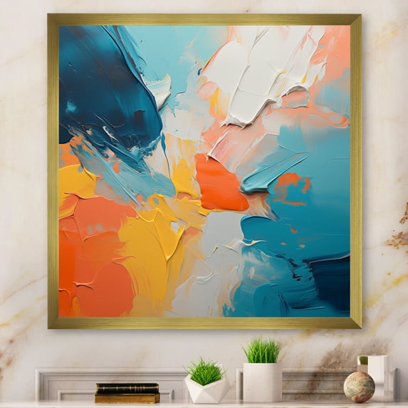 Designart "Paint Abstract Expression in Blue and Orange III" Abstract Framed Wall Art Decor - Modern Blue Abstract Painting Entryway Framed Wall Art Print