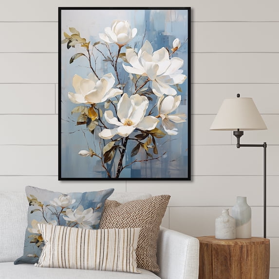 Designart "Painted Blue And Gold Magnolias III" Magnolias Floater Framed Wall Decor