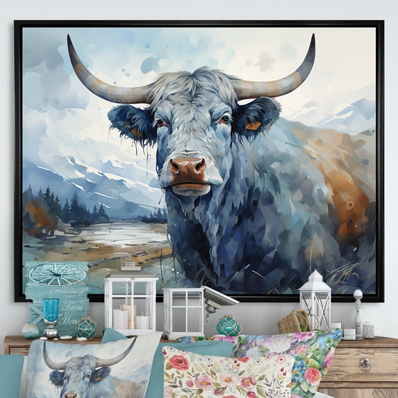 Designart "Painted Blue And Grey Yaks" Yaks Floater Framed Canvas Art Print